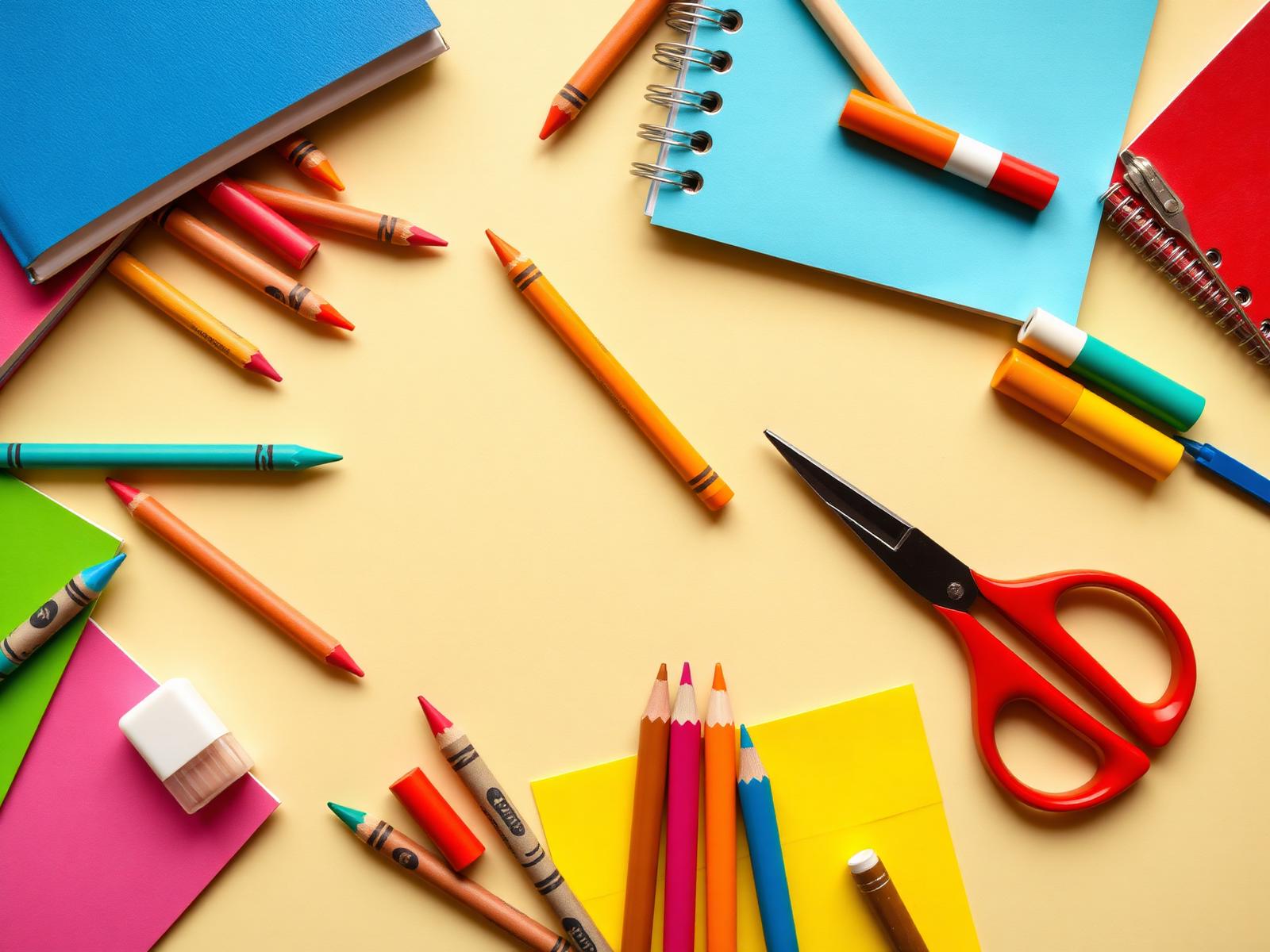 Colorful school supplies flat lay — crayons, notebooks, pencils and scissors